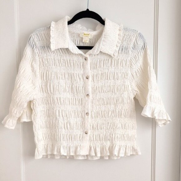 Maeve by Anthropologie Cream Button Down Smocked Blouse Lg GUC - Picture 1 of 4